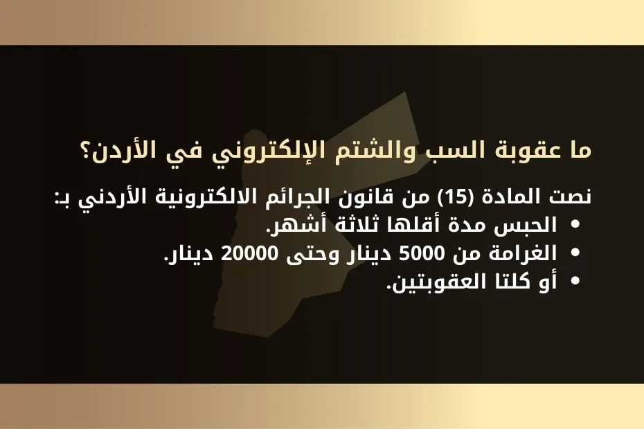 نص المادة 15 من قانون الجرائم الالكترونية الأردني بأنه: الحبس مدة أقلها ثلاثة أشهر. الغرامة من 5000 دينار وحتى 20000 دينار. أو بكلتا العقوبتين.