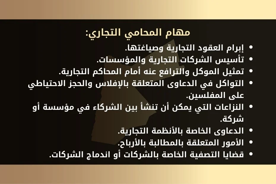 محامي تجاري في الأردن 1 مهام المحامي التجاري: إبرام العقود التجارية وصياغتها. تأسيس الشركات التجارية والمؤسسات. تمثيل الموكل والترافع عنه أمام المحاكم التجارية. التواكل في الدعاوى المتعلقة بالإفلاس والحجز الاحتياطي على المفلسين. النزاعات التي يمكن أن تنشأ بين الشركاء في مؤسسة أو شركة. الدعاوى الخاصة بالأنظمة التجارية. الأمور المتعلقة بالمطالبة بالأرباح. قضايا التصفية الخاصة بالشركات أو اندماج الشركات.