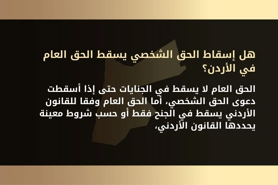 والحق العام لا يسقط في الجنايات حتى إذا أسقطت دعوى الحق الشخصي، أما الحق العام وفقا للقانون الأردني يسقط في الجنح فقط أو حسب شروط معينة يحددها القانون الأردني،