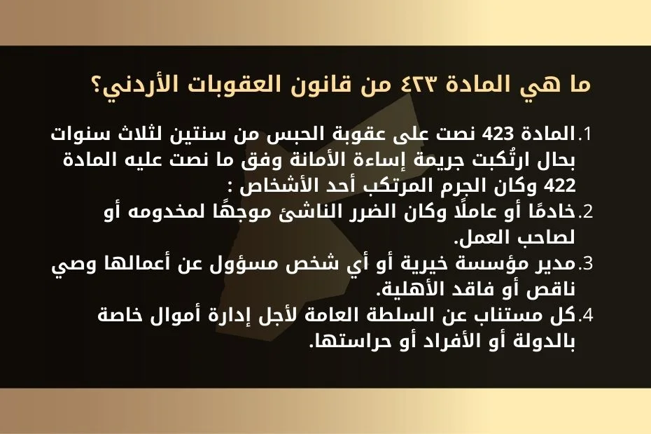 تقادم جريمة إساءة الائتمان في القانون الأردني 1 ما هي المادة ٤٢٣ من قانون العقوبات الأردني؟ المادة 423 نصت على عقوبة الحبس من سنتين لثلاث سنوات بحال ارتُكبت جريمة إساءة الأمانة وفق ما نصت عليه المادة 422 وكان الجرم المرتكب أحد الأشخاص : 1- خادمًا أو عاملًا وكان الضرر الناشئ موجهًا لمخدومه أو لصاحب العمل. 2- مدير مؤسسة خيرية أو أي شخص مسؤول عن أعمالها وصي ناقص أو فاقد الأهلية. 3- كل مستناب عن السلطة العامة لأجل إدارة أموال خاصة بالدولة أو الأفراد أو حراستها.