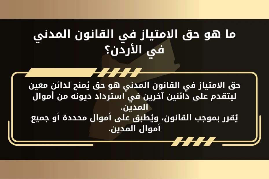 حق الامتياز في القانون المدني في الأردن 1 ما هو حق الامتياز في القانون المدني في الأردن؟ حق الامتياز في القانون المدني هو حق يُمنح لدائن معين ليتقدم على دائنين آخرين في استرداد ديونه من أموال المدين. يُقرر بموجب القانون، ويُطبق على أموال محددة أو جميع أموال المدين.