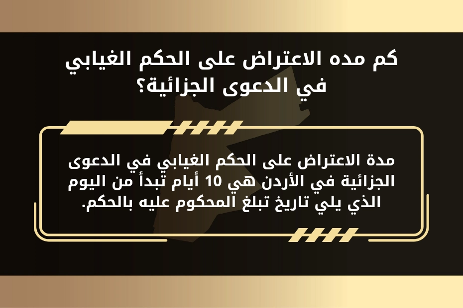 كم مده الاعتراض على الحكم الغيابي  في الدعوى الجزائية؟
مدة الاعتراض على الحكم الغيابي في الدعوى الجزائية في الأردن هي 10 أيام تبدأ من اليوم الذي يلي تاريخ تبلغ المحكوم عليه بالحكم.