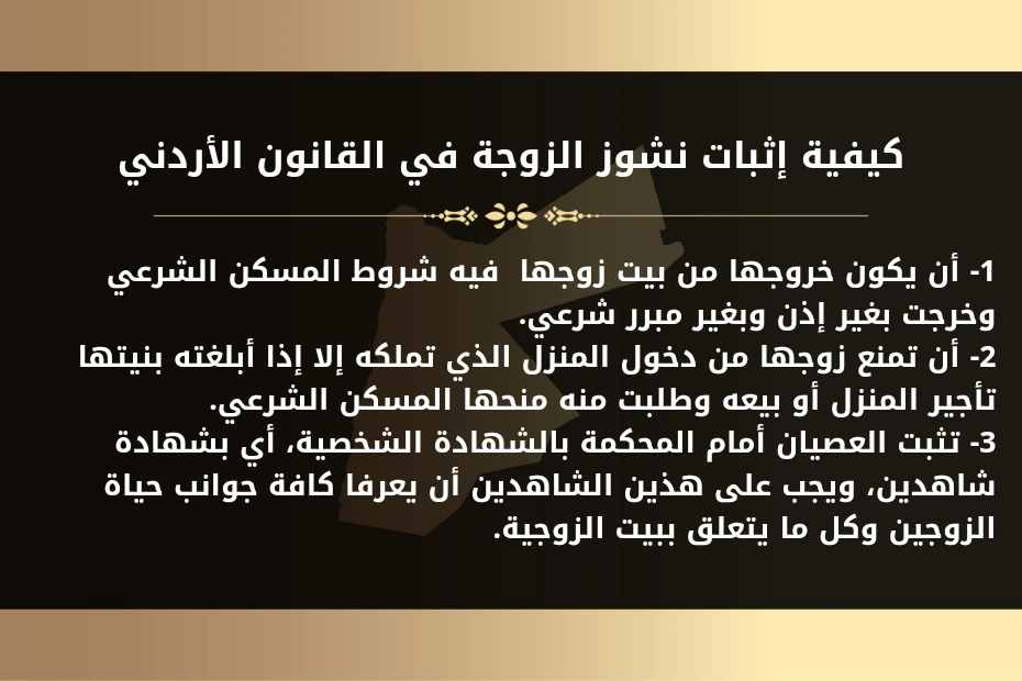 كيفية إثبات نشوز الزوجة في القانون الأردني.
1- أن يكون خروجها من بيت زوجها  فيه شروط المسكن الشرعي وخرجت بغير إذن وبغير مبرر شرعي.
2- أن تمنع زوجها من دخول المنزل الذي تملكه إلا إذا أبلغته بنيتها تأجير المنزل أو بيعه وطلبت منه منحها المسكن الشرعي.
3- تثبت العصيان أمام المحكمة بالشهادة الشخصية، أي بشهادة شاهدين، ويجب على هذين الشاهدين أن يعرفا كافة جوانب حياة الزوجين وكل ما يتعلق ببيت الزوجية.