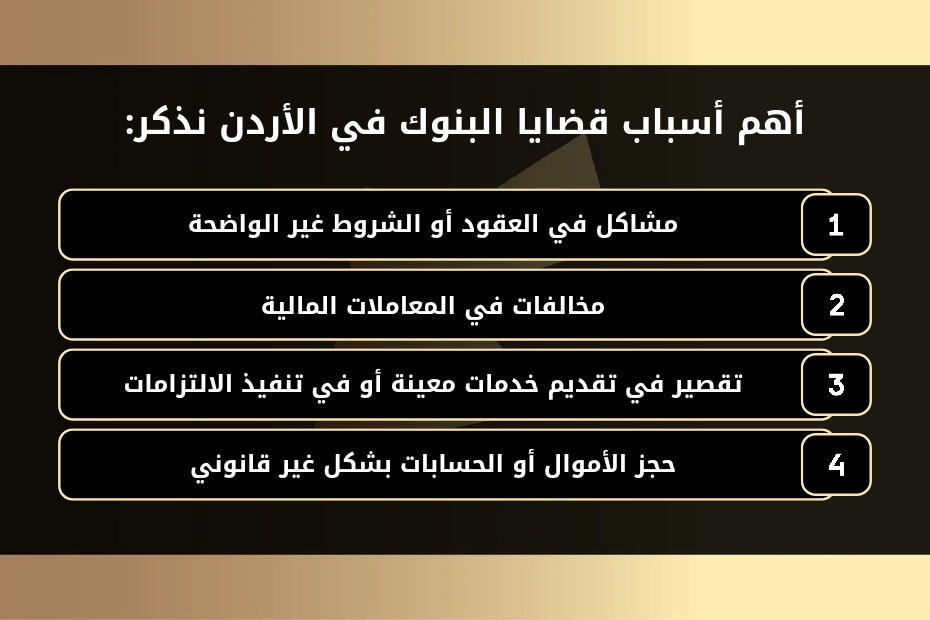 أهم أسباب قضايا البنوك في الأردن نذكر:
مشاكل في العقود أو الشروط غير الواضحة.
مخالفات في المعاملات المالية.
تقصير في تقديم خدمات معينة أو في تنفيذ الالتزامات.
حجز الأموال أو الحسابات بشكل غير قانوني.