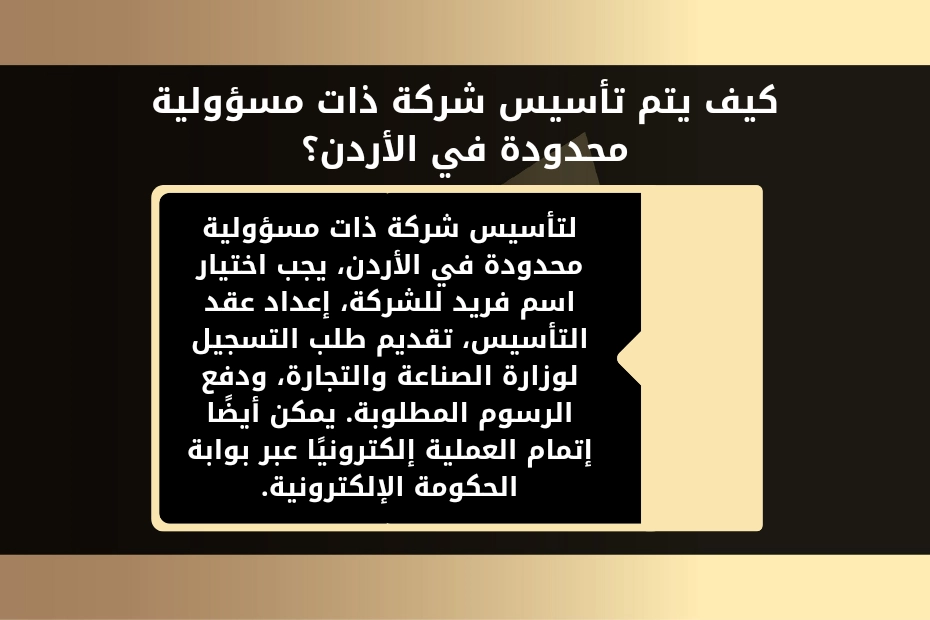 نظام تأسيس شركة ذات مسؤولية محدودة الأردن عمان 1 كيف يتم تأسيس شركة ذات مسؤولية محدودة في الأردن؟ لتأسيس شركة ذات مسؤولية محدودة في الأردن، يجب اختيار اسم فريد للشركة، إعداد عقد التأسيس، تقديم طلب التسجيل لوزارة الصناعة والتجارة، ودفع الرسوم المطلوبة. يمكن أيضًا إتمام العملية إلكترونيًا عبر بوابة الحكومة الإلكترونية.