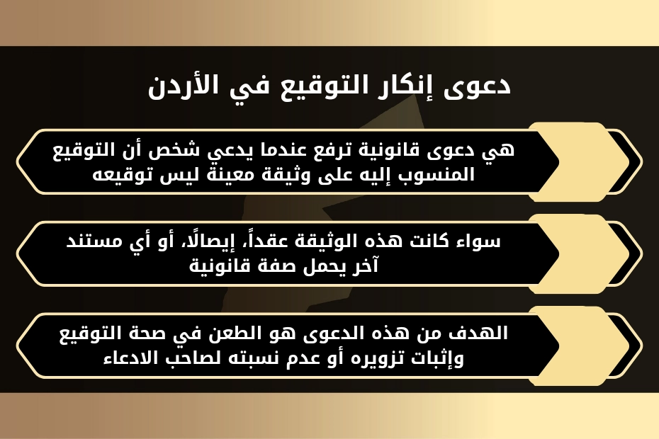 دعوى إنكار التوقيع في الأردن 1 دعوى إنكار التوقيع في الأردن.
هي دعوى قانونية ترفع عندما يدعي شخص أن التوقيع المنسوب إليه على وثيقة معينة ليس توقيعه.
سواء كانت هذه الوثيقة عقداً، إيصالًا، أو أي مستند آخر يحمل صفة قانونية.
الهدف من هذه الدعوى هو الطعن في صحة التوقيع وإثبات تزويره أو عدم نسبته لصاحب الادعاء.