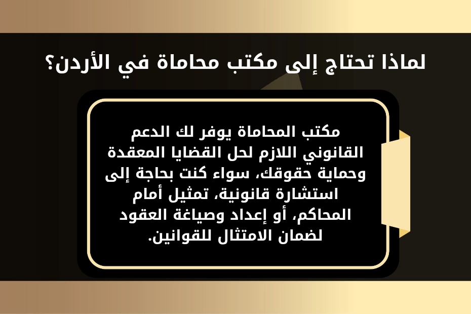 لماذا تحتاج إلى مكتب محاماة في الأردن؟ مكتب المحاماة يوفر لك الدعم القانوني اللازم لحل القضايا المعقدة وحماية حقوقك، سواء كنت بحاجة إلى استشارة قانونية، تمثيل أمام المحاكم، أو إعداد وصياغة العقود لضمان الامتثال للقوانين.