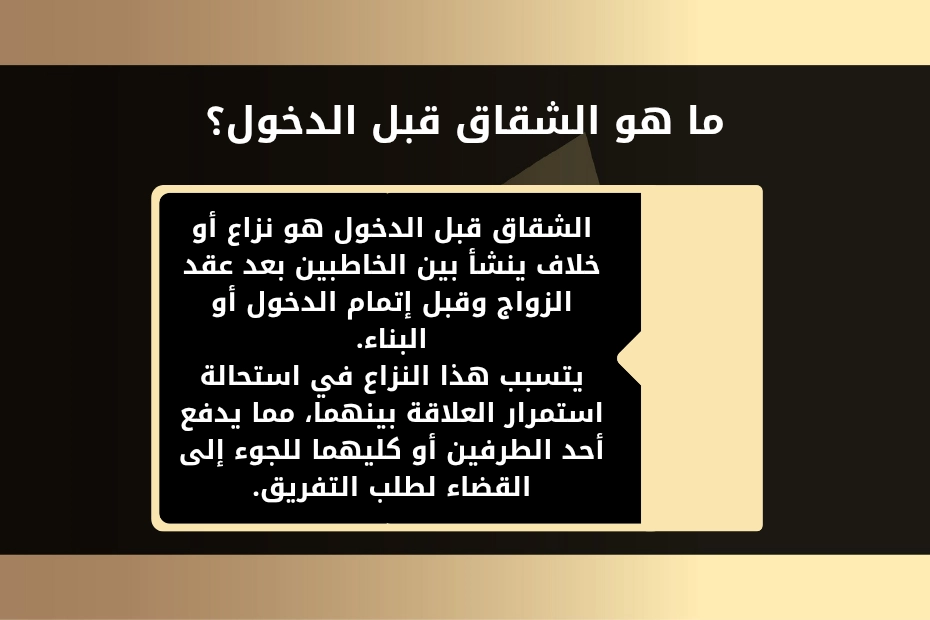 ما هو الشقاق قبل الدخول؟ الشقاق قبل الدخول هو نزاع أو خلاف ينشأ بين الخاطبين بعد عقد الزواج وقبل إتمام الدخول أو البناء. يتسبب هذا النزاع في استحالة استمرار العلاقة بينهما، مما يدفع أحد الطرفين أو كليهما للجوء إلى القضاء لطلب التفريق.