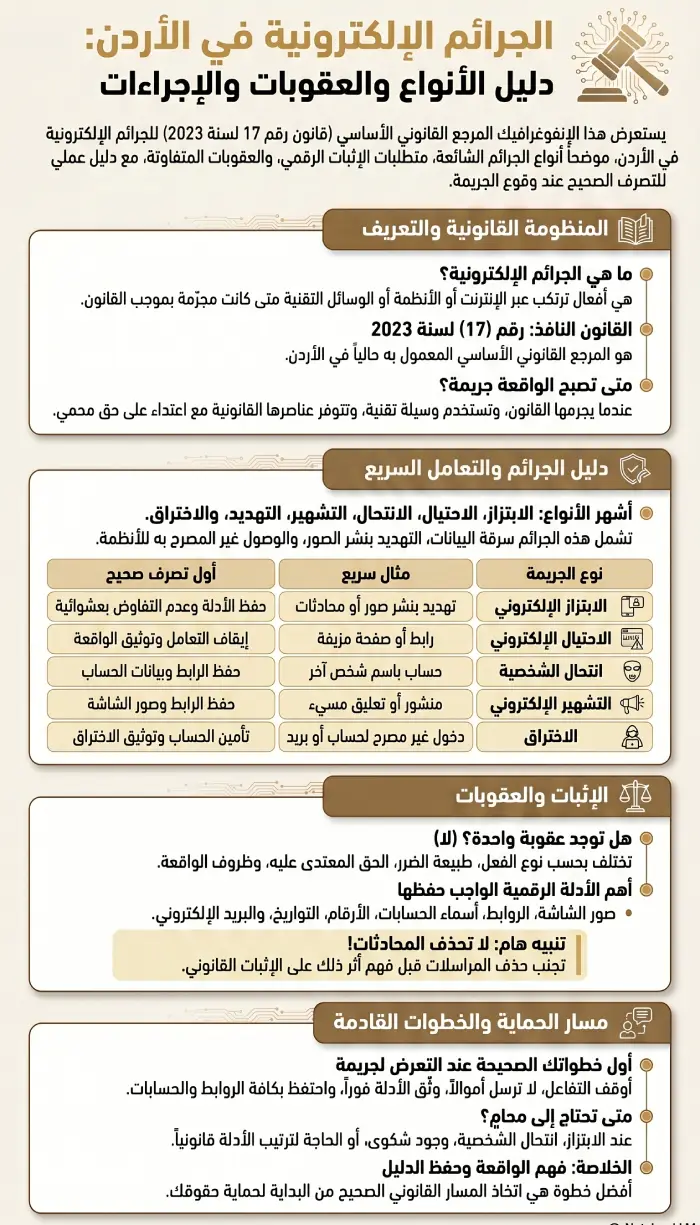 إنفوغرافيك عن الجرائم الإلكترونية في الأردن يشمل الأنواع والعقوبات والأدلة الرقمية والخطوات الأولى
